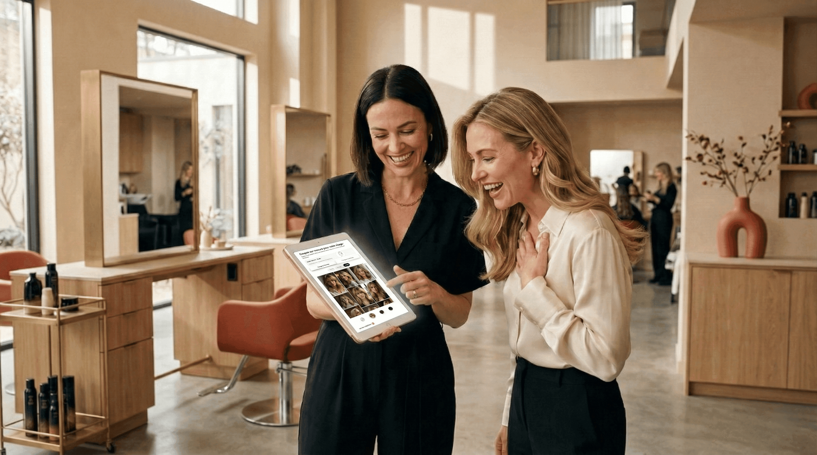 Coiffeuse utilisant la tablette Idélia avec une cliente